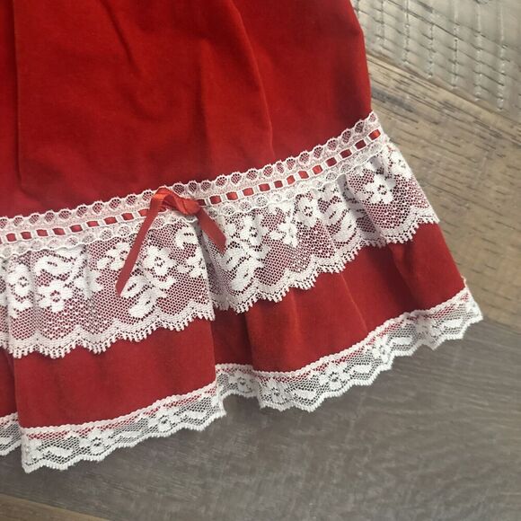 VTG 80s Velvet Bib Holiday Dress Sz 6X Red White Lace Rosette Puff Sleeve Santa - Picture 6 of 15